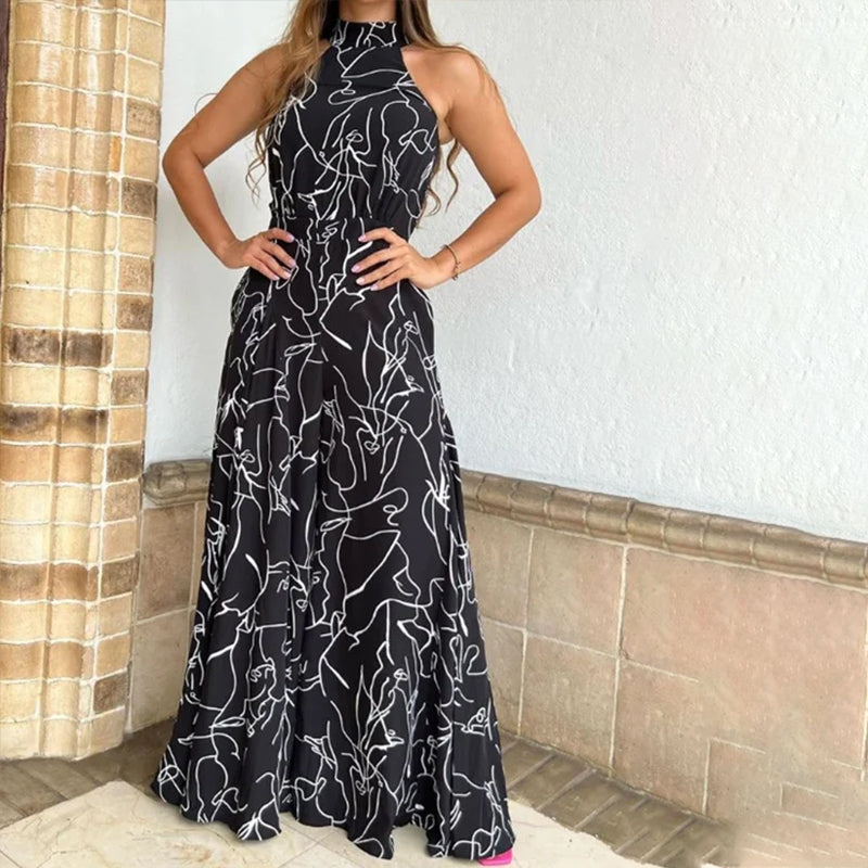 Halter Neck Sleeveless Art Print Jumpsuit