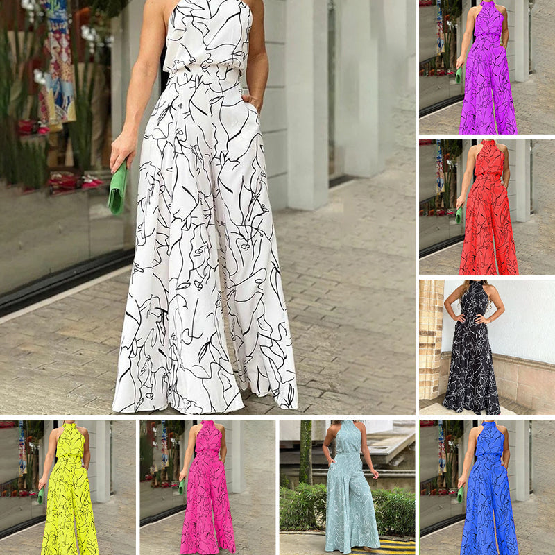 Halter Neck Sleeveless Art Print Jumpsuit