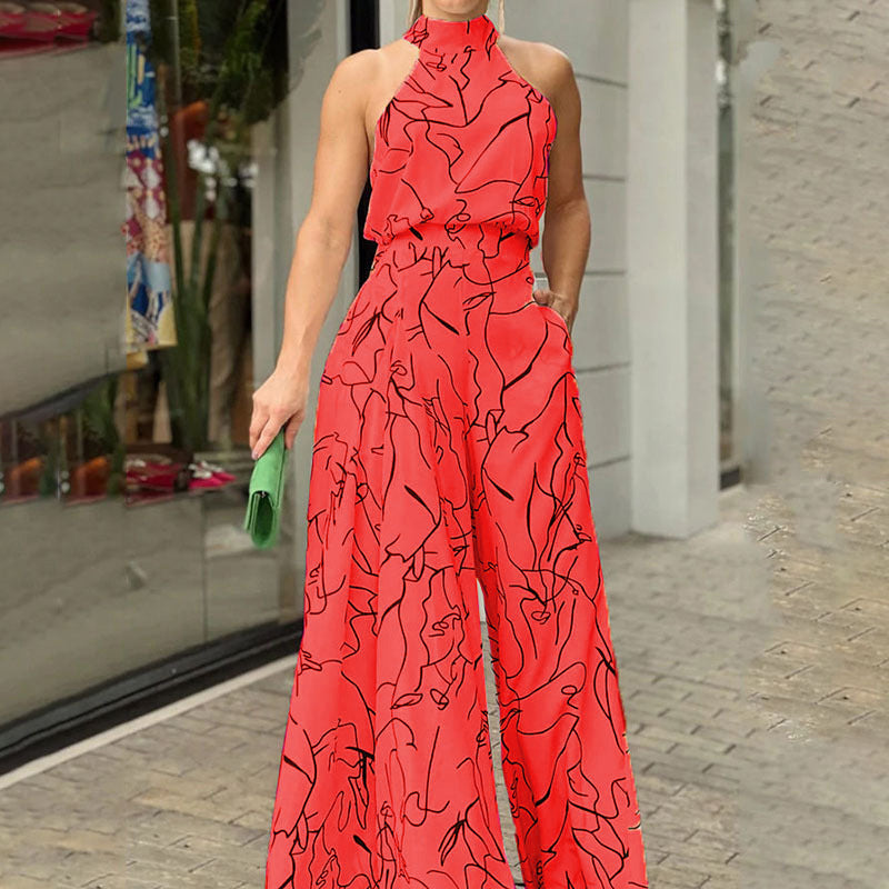 Halter Neck Sleeveless Art Print Jumpsuit