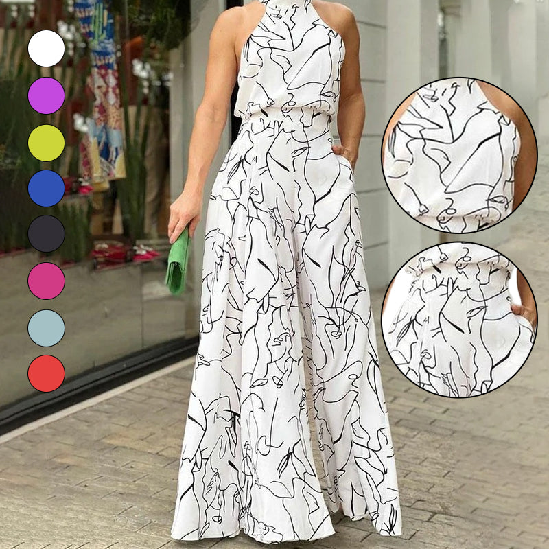 Halter Neck Sleeveless Art Print Jumpsuit