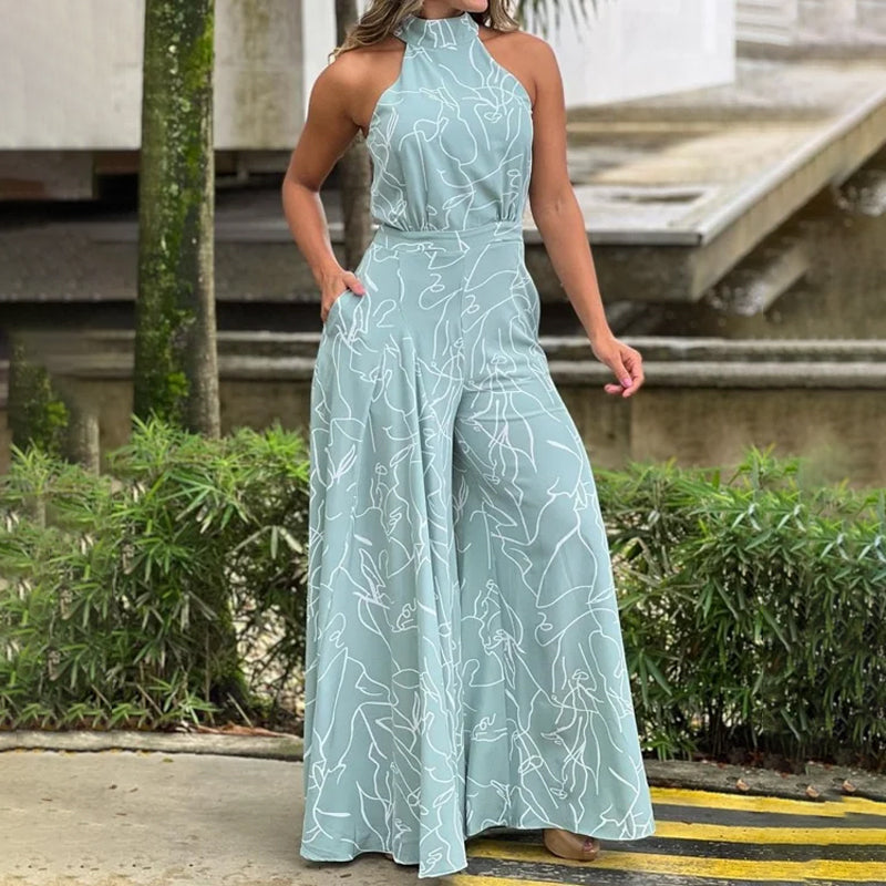 Halter Neck Sleeveless Art Print Jumpsuit