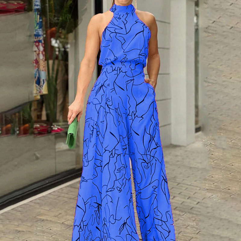 Halter Neck Sleeveless Art Print Jumpsuit