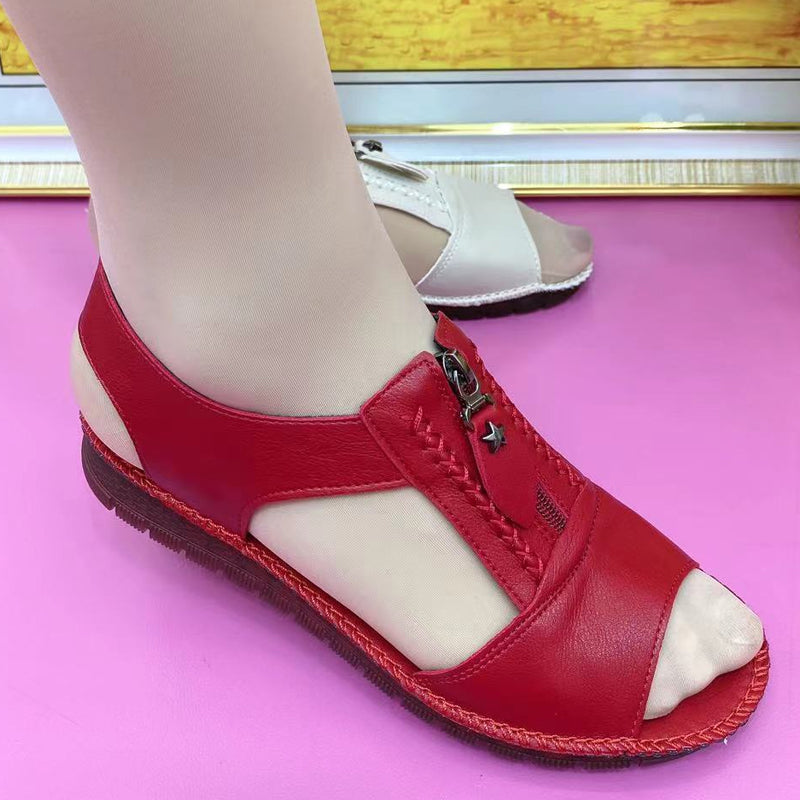 Zipper Flat Soft Leather And Sole Comfort Sandals