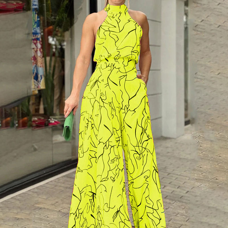 Halter Neck Sleeveless Art Print Jumpsuit