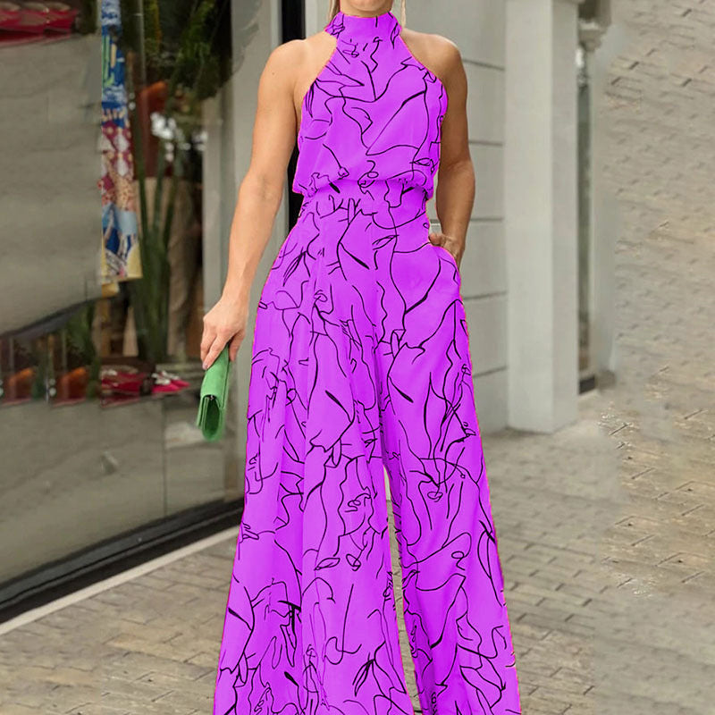 Halter Neck Sleeveless Art Print Jumpsuit