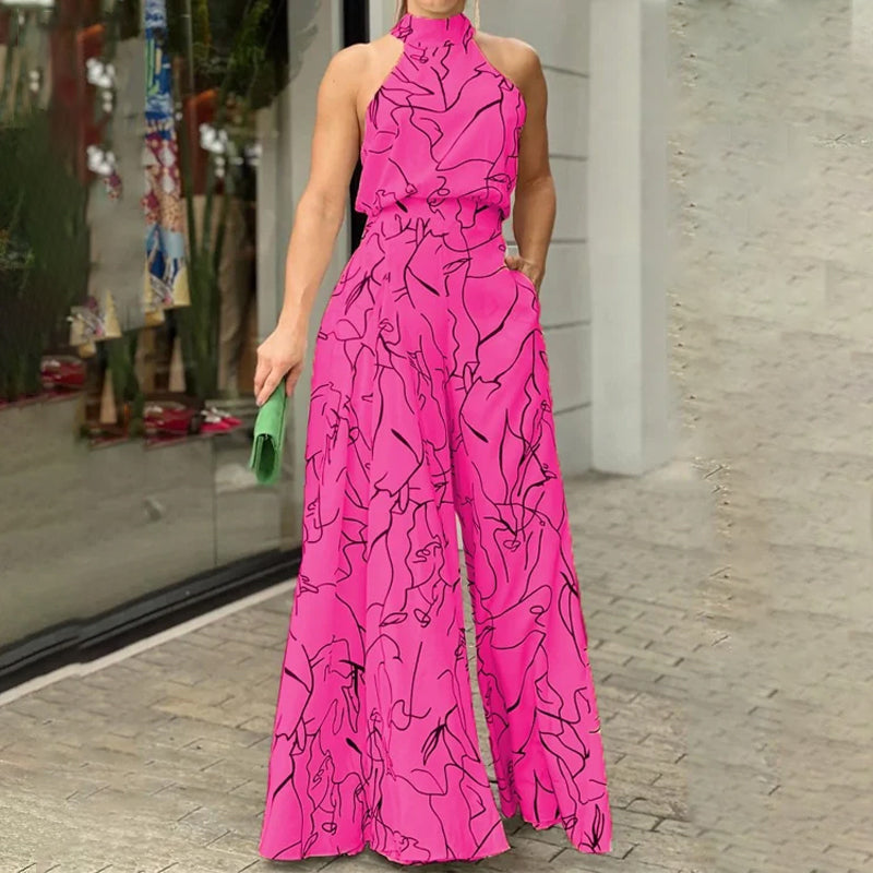 Halter Neck Sleeveless Art Print Jumpsuit