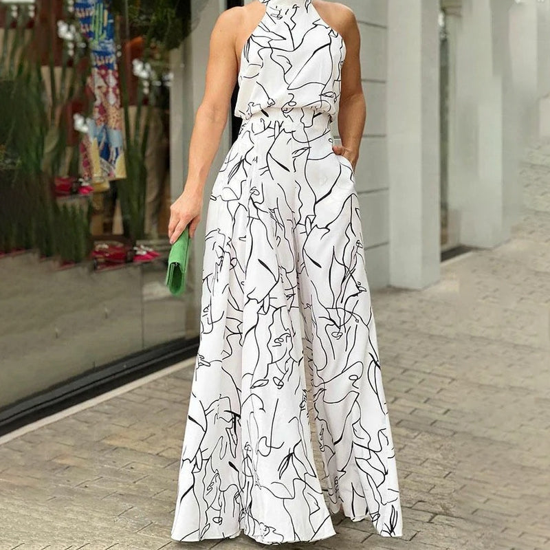 Halter Neck Sleeveless Art Print Jumpsuit