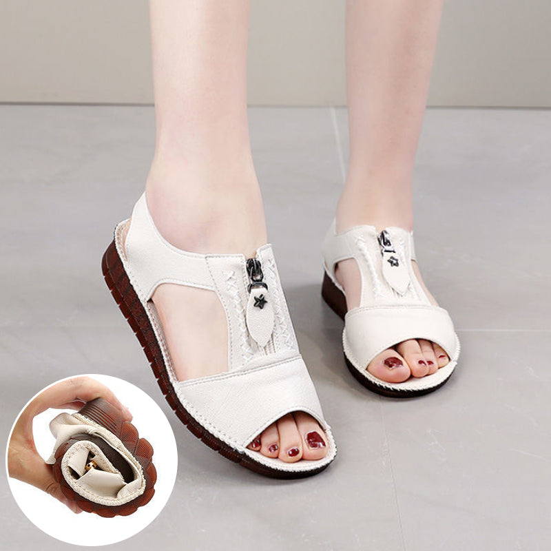 Zipper Flat Soft Leather And Sole Comfort Sandals
