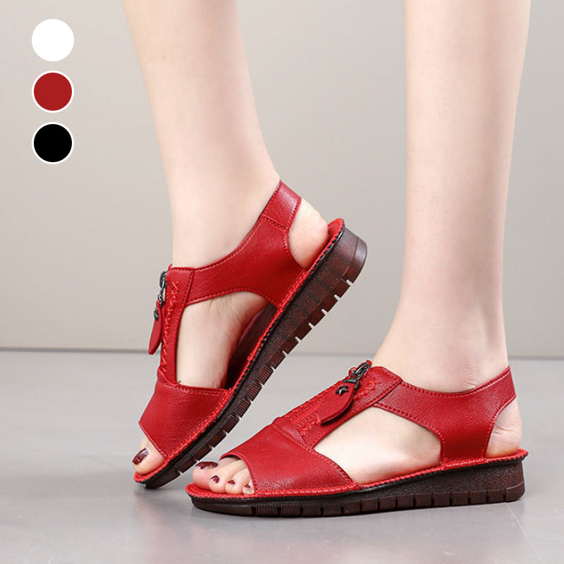 Zipper Flat Soft Leather And Sole Comfort Sandals